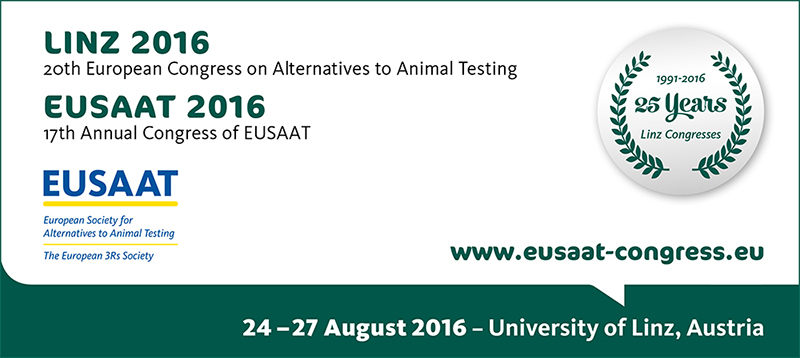 Banner Congress Linz 2015 - EUSAAT 2015 20th European Congress on Alternatives to Animal Testing, August 24-27 2016, University of Linz, Austria